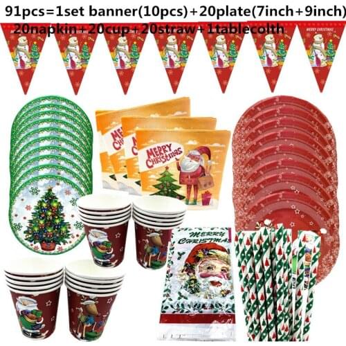 91pcs 20people use Christmas Themed Disposable Tableware Set Supplies Paper Plates Napkins Cups Christmas Party Tableware Kit