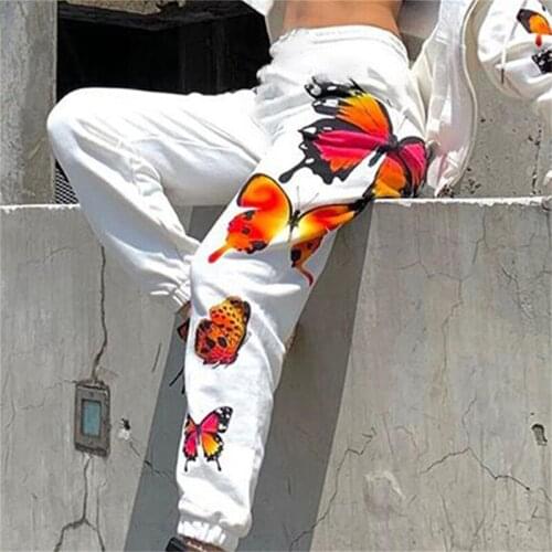 Hot Style Women Casual Long Pants Butterfly Printing High Waist Loose Sports Pants Girls Fashion 2020 Trendy Track Trousers Only