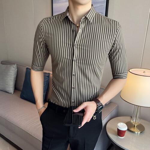 High Quality Summer Half Sleeve Striped Shirts For Men Clothing 2021 Simple Luxury Slim Fit Business Casual Formal Wear Blouses