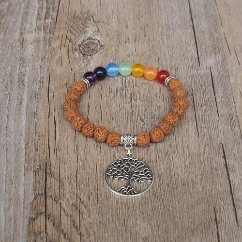 Rudraksha Bodhi Wooden Beads Buddhist Seven Chakra Bracelet Life Tree Yoga Healing Reiki Pray Mala Bracelet