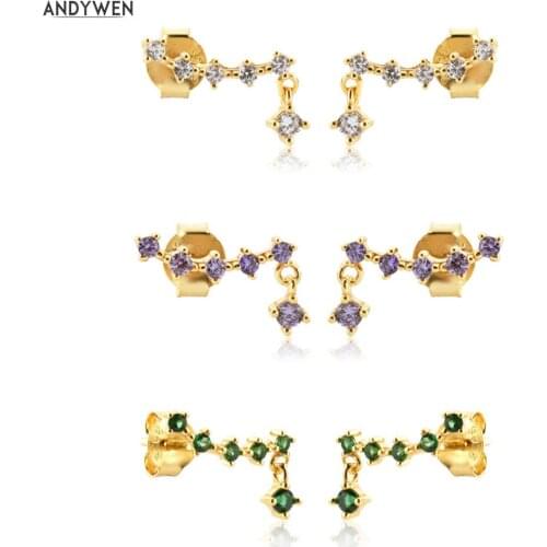ANDYWEN 925 Sterling Silver 2021 Three ZIrcon Color CZ Stud Earring Luxury Rock Punk Fine Jewelry Clips Line Zircon Drop Earring