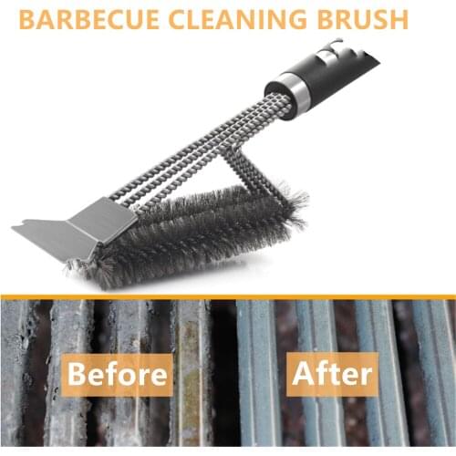 BBQ Grill Cleaning Brush Long Handle Spring Barbecue Wire Brush With Scraper Multifunctional Brush Stainless Steel Kitchen Tool