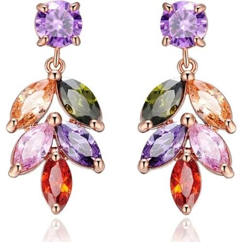 Rhinestone long style fashionable earrings with colorful leaves