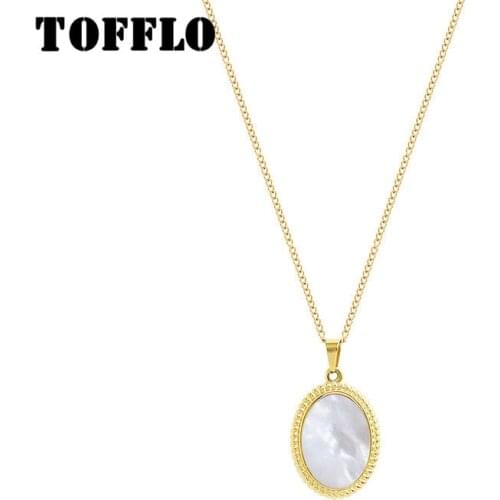 TOFFLO Stainless Steel Jewelry Natural Shell Oval Pendant Necklace Fashion Female Clavicle Chain BSP748