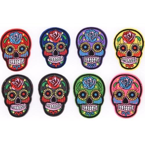 1PC 8Pcs Embroidered Applique Iron On Patches For Clothes Sew-on Embroidered Patch Applique Rose Skull Clothing Patches