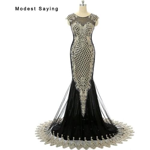 High Quality Elegant Black Mermaid Beaded Lace Evening Dresses 2018 with Gold Applique Party Prom Gowns vestido de festa longo