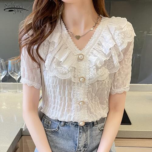 Korean Chic Ruffle Blouse Women Shirt White Chiffon Lace Blouse Sweet V-neck French Vintage Palace Style Short Sleeve Tops 15273