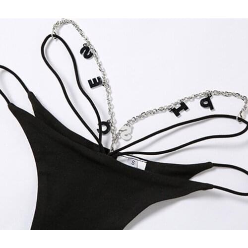 Womens Sexy Low Waist Thong Panties Rhinestone Letters Pendant Chain Strappy Lingerie Briefs Solid Color Temptation T-Back