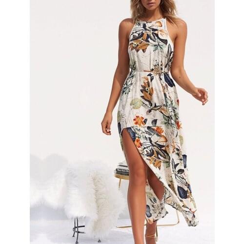 Women Summer Dress 2021 Boho Casual Beach Floral Flower Long Sleeveless Loose Female Holiday Sexy Halter Leaves Midi Dress
