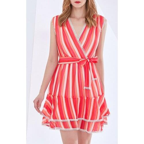 Red Striped Printed Fashion Ruffles Patchwork Women Dresses Sleeveless Tank V-Neck Sashes Belt Women A-Line Party Dress