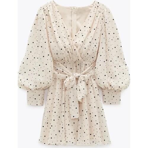 Za Dress Woman Novel Polka Dot Mini Dress Long sleeve V-neckline Zip fastening White Womens Dresses for Summer