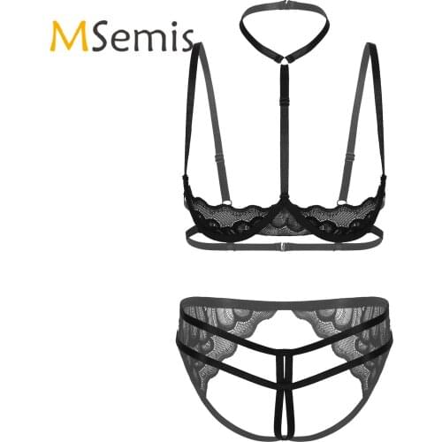 Womens Sexy Crotchless Lingerie Set Halter Neck Underwired Hot Bra Tops with G-string Briefs Erotic Sexy Underwear Sleepwear
