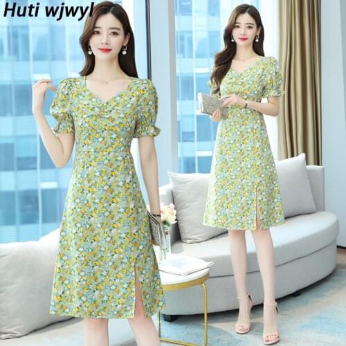 Plus Size Summer Floral Chiffon Midi Dress 2021 Vintage Korean Sweet Women Party Vestidos Casual Sexy V-Neck Boho Beach Sundress