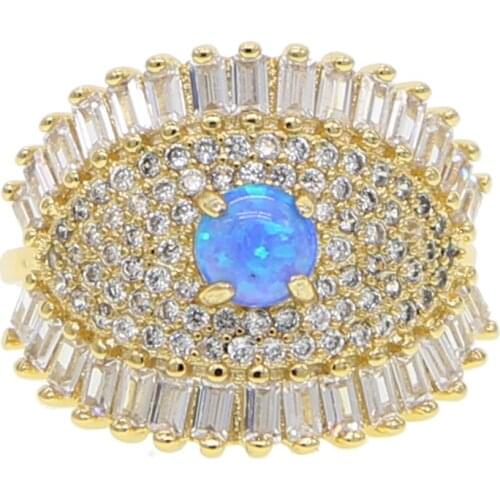 Gold filled top quality round blue fire opal Gem fashion jewelry sparking bling cz modern turkish evil eye Gold color ring