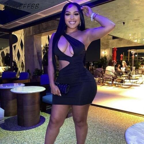 ZOOEFFBB Aesthetic One Shoulder Bodycon Mini Dress Sexy Black Club Outfits for 2021 Fashion Women Clothes Summer Lounge Wear