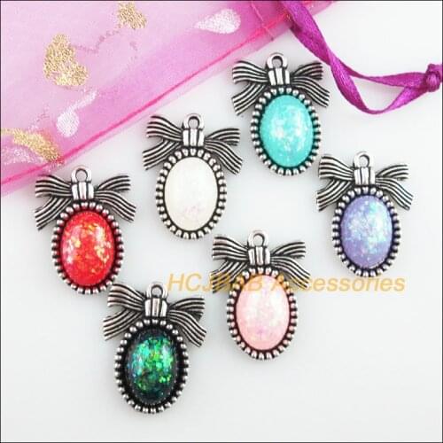 12 New Bowknot Charms Tibetan Silver Tone Retro Oval Mixed Resin Pendants 19.5x25mm