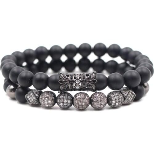 2Pcs/Set Trendy Matte Black Stone beads Bracelet Pave CZ 4 color Flower tube manual Bracelets Bangle for Men&Women Charm Jewelry