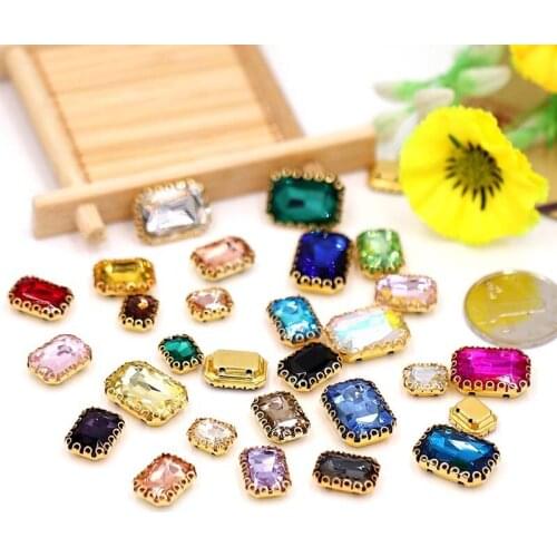 CJSIR 20pcs Rectangular Glass Crystal Sew On Rhinestone Flatback Golden Claw Buttons For Clothing Dress Bridal Decors DIY Crafts