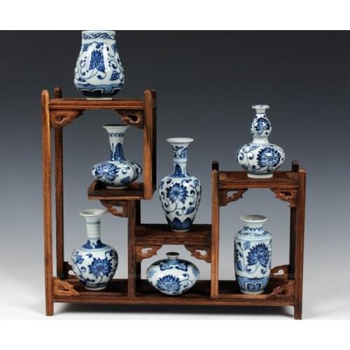 7 pieces vases and wooden shelf set chinese hand painted blue and white porcelain ceramic mini small decorative vase