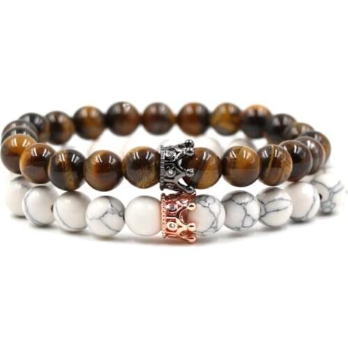 8mm 2PCS/Set gyh2 elastic adjusted nature yellow Tigereye white Howlite bead micro pave cz zircon cubic zirconia Crown Bracelet