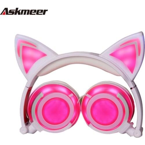 Askmeer Cute Music Headphones with Cats Ear Headset Foldable Luminous Headsets Glowing Flashing Earphone for Mobile Phone Tablet