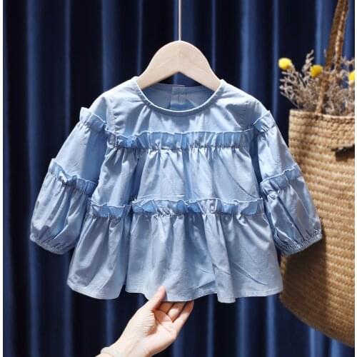 Ruched A-Line Baby Girls Blouse Long Sleeve T-shirt Tops Toddler Spring Autumn Cotton Round Neck Tee Top Solid Blouse