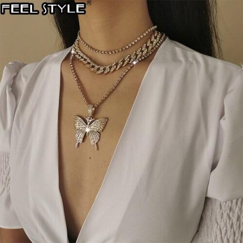 Hip Hop Bling 3pcs Ice Out Cuban Chain With Butterfly Tennis Chain Necklace Gold Color Set For Women Girls Jewelry
