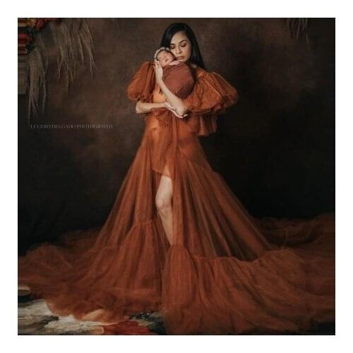 Elegant Tulle Pregnancy Robes With Train Extra Puffy Sleeves Front Slit Fluffy Long Length Maternity Dressing Gowns