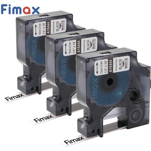 Fimax 3 Pcs Compatible DYMO Rhino IND Vinyl Label 18444 Black on White 12mm DYMO RhinoPro IND Vinyl Label Printer Label Maker