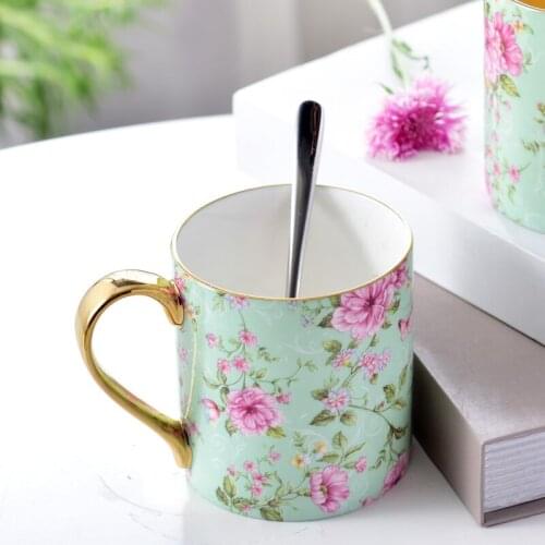 Bone China Coffee Mugs, Espresso Rose Tea Cups 12oz, Milk Cup Gift For Women Mom Friends, Home And Office Drinkware Light Green