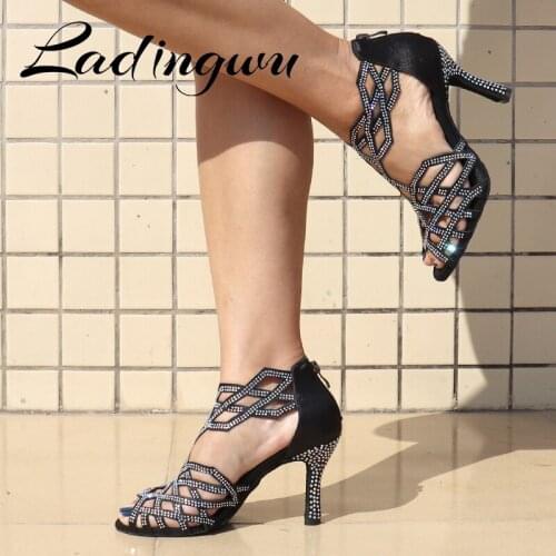 Ladingwu Women Dance Shoes Roman Boots Laser Latin Dance Shoes Women Black White AB Rhinestones Ballroom Dance Shoes Salsa Woma