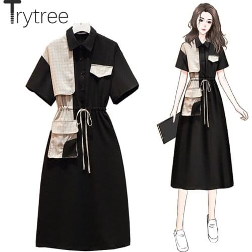 Trytree Summer Womens Dress Casual Turn-down Collar Plaid Patchwork Drawstring Waist Buttons Shirt Dress Mid-Calf Office Lady