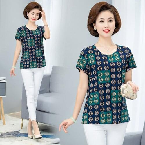 Summer Middle-aged Milk Silk T-shirts Women Fashion Printed T-shirt Ladies Short Sleeve O-Neck Shirt Womens Large Size T-shirts
