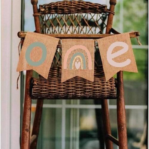 Boy girl First 1st one year old Burlap farm rustic country Rainbow Boho theme Birthday party Highchair Banner decoration gift