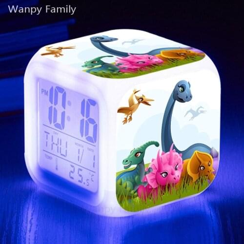 2020 New Super Cute Cartoon Dinosaur Alarm Clock 7 Color Glowing Kids Birthday Gift Multifunction LED Digital Alarm Clock
