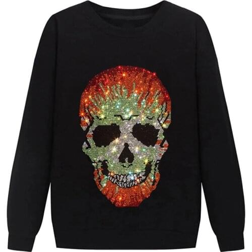 Winter Mens Hoodie Oversized Hoody O-Neck Cotton Warm Design Rhinestone Skull Style Pullover All-Match Long Sleeve Casual 5XL
