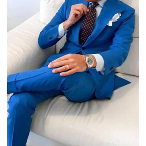 Blue Business Men Blazer 2 Piece Beach Groomsmen Tuxedos For Wedding Formal Prom Suit (Jacket+Pants) Streetwear Custom Made
