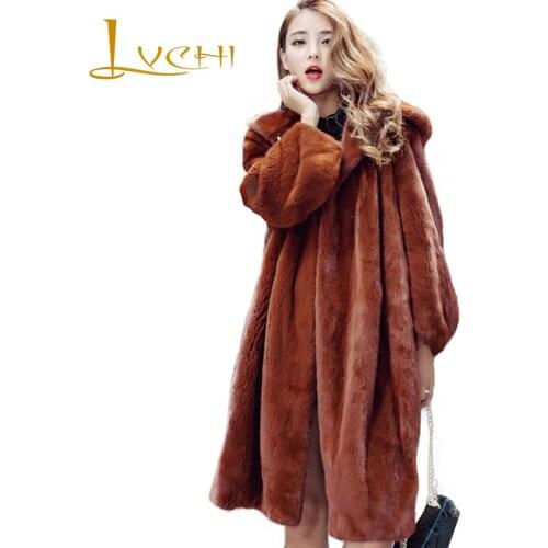 LVCHI Winter 2019 Real Natural Fur Mink Coat Full Pelt Long Sleeve Coats Womens With Fur Hood Brown With Hat Long Mink Coats
