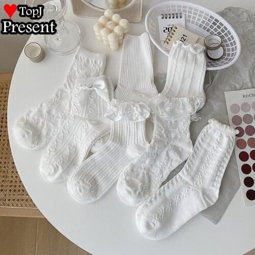 Factory Price Wholesale 7 pairs classic cotton jk basic socks college style cute girl soft girl solid color bow lace socks women