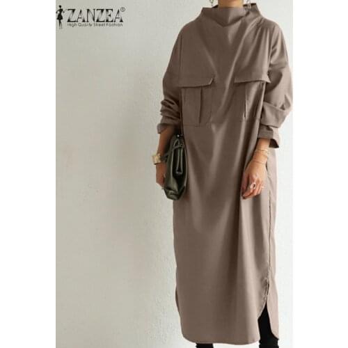 Autumn Turtleneck Long Sleeve Solid Dress Women Casual Sundress ZANZEA Elegant Back Zipper Pockets Loose Long Kaftan Vestidos