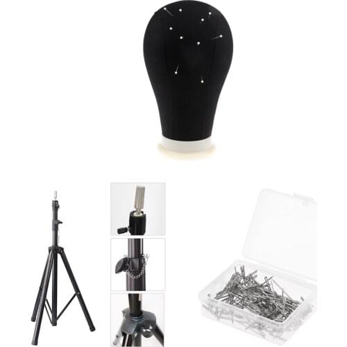 Wig Canvas Block Mannequin Head + Tripod Training Display Stand + 100 T Pins