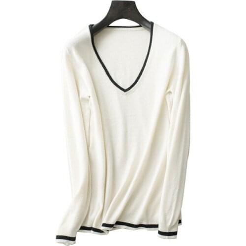 Pure goat cashmere knit women fashion korean style patchwork color sides Vneck pullover sweater S-XL