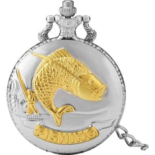 Luxury Fishing Design Quartz Pocket Watch Fob Gold Fish Pendant Clock Full Hunter 30cm Rough Chain Pocket Gifts for Mens reloj