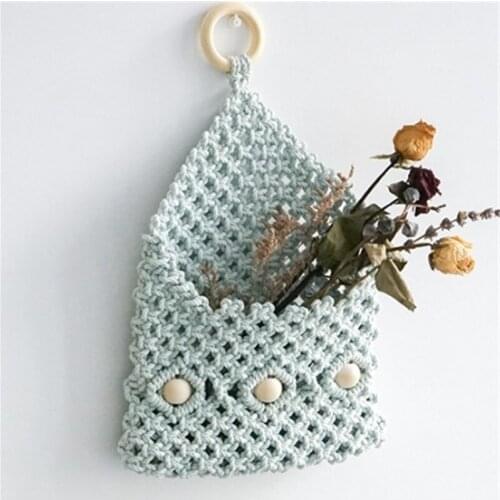Handmade Wall Storage Bags Cotton Flower Macrame Storage Rack Hanging Book Magazine Phone Holder Hook Wood Ring Pocket Container