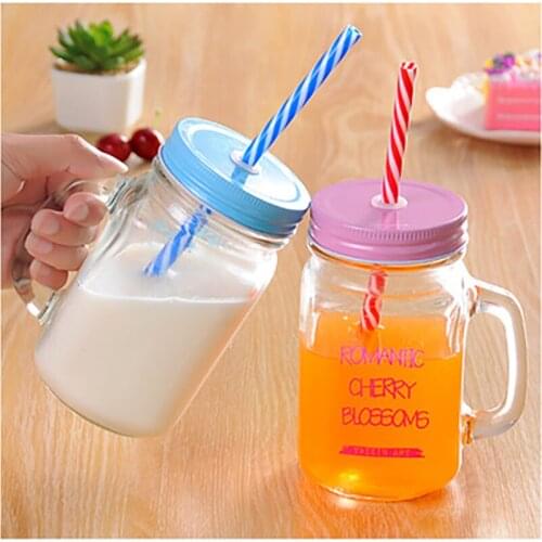 Mason Jar Lemon Bottle With Cover Straw Colorful Transparent Glass Fruit Juice Milk Mug Cool Drink Drinkware Sport Water Bottle