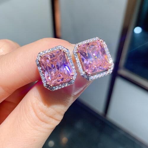 ZAKOL New Temperament Exquisite Square Women Earrings Pink Cubic Zirconia Stone Big Pink Gem Ear Studs Wholesale Jewelry
