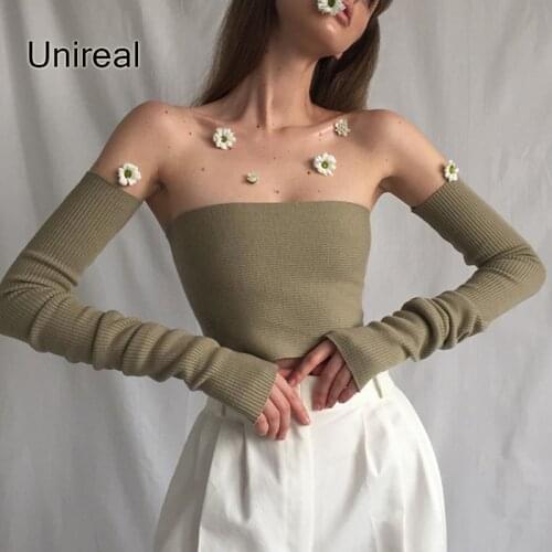 Unireal 2021 Summer Streetwear Women Knitted T-shirt Long Sleeve Sexy Off Shoulder Slash Neck Short T Shirt