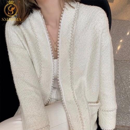 SMTHMA White Tweed Women Beads Jacket New Autumn / Winter Woolen Coat Ladies Loose Wool Classic Chaquetas De Mujer