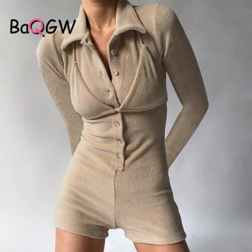 BaQGW Sexy Button Long Sleeve Stitching Shorts Bodysuit Playsuit Casual Solid Color Women Flurry Jumpsuit Sexy Shorts Rompers
