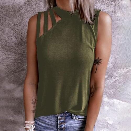 Sexy Female Vest Sleeveless Hollow Out O Neck Solid Color Halter Loose Tee Shirt Blouse for Summer T-shirt Women 2021